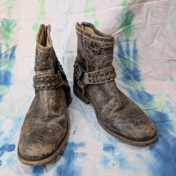 Frye Phillip Studded Harness Distressed Brown Leather Boots Women Size 7 - Picture 1 of 10
